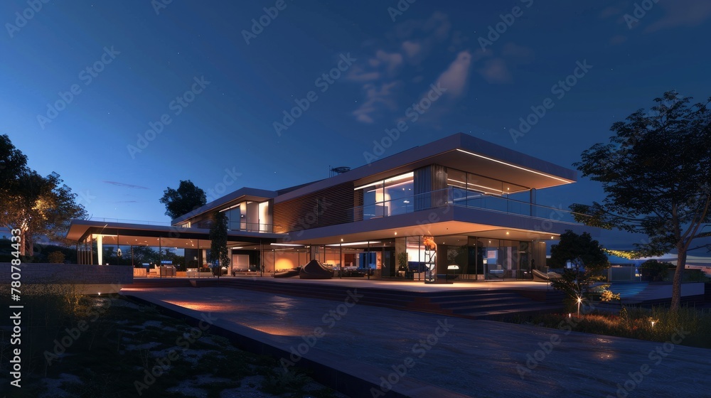 Naklejka premium Nighttime panoramic photograph of a modern house