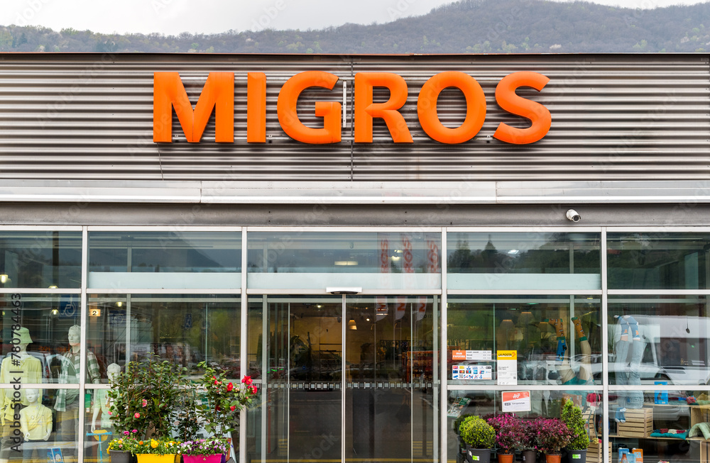 Agno, Ticino, Switzerland - April 9, 2024: View of the Migros