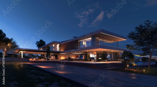 Nighttime panoramic photograph of a modern house © Chingiz