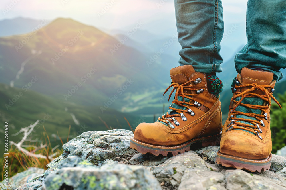 Close-Up of Hiking Boots on Mountain Summit with Scenic View Close-Up of Hiking Boots on Mountain Summit with Scenic View