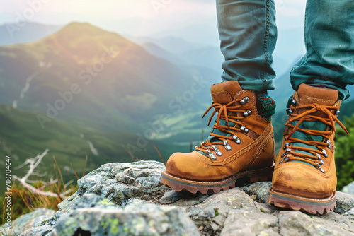 Close-Up of Hiking Boots on Mountain Summit with Scenic View photo