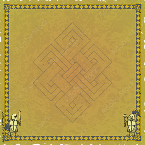 Green Parchment with Medieval Knights, Ornate Frame, Viking Knot