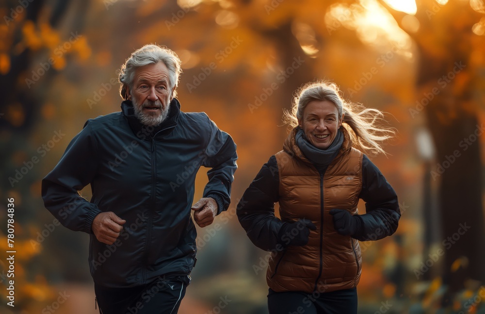 Stylish senior couple jogging in the park, wearing sportswear and smiling while running together outdoors at sunset. The concept of fitness for elderly people. 8k, real created by ai Stylish senior couple jogging in the park, wearing sportswear and smiling while running together outdoors at sunset. The concept of fitness for elderly people. 8k, real created by ai