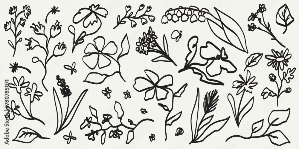 Abstract contemporary flowers with textures. Modern vector illustration. Small hand-drawn flowers set. Wild flowers and plants in charcoal or crayon drawing style. Pencil drawn branches and stems. - obrazy, fototapety, plakaty 