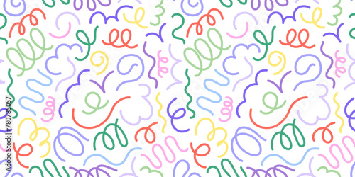 Funny colorful doodle line art seamless pattern. Creative minimalist style background for children or trendy design with basic shapes. Simple party confetti texture, childish scribble shape backdrop.