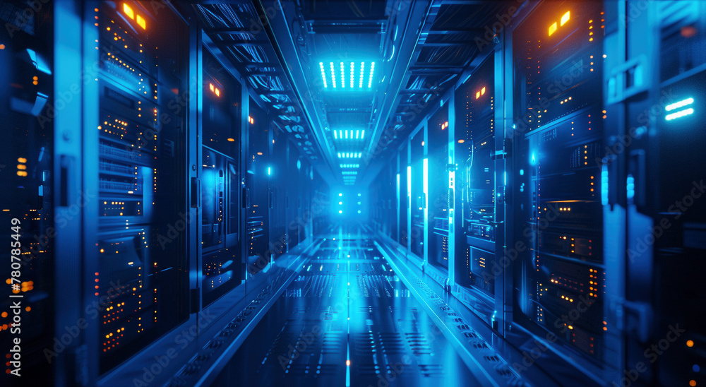 High-Tech Server Room With Glowing Blue Lights and Cables - obrazy, fototapety, plakaty 