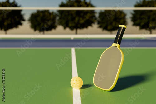The pickleball ball and paddle are on the court line. Blur of trees in the background. 3D rendering.