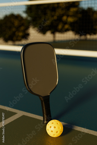 Pickleball racket and ball on a sports court with a net at dusk. 3D rendering.