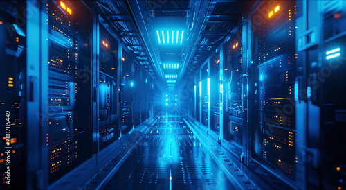 High-Tech Server Room With Glowing Blue Lights and Cables © swissa