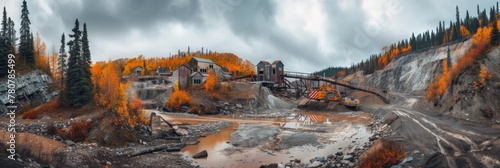 Gold mining, open pit with waste sand and earth for gold ore mining, mining of minerals and ores and precious metals, banner