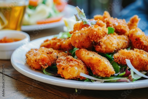 Crispy Fried Chicken Wings Served on a Plate with Fresh Greens and Vegetables as a Savory Appetizer or Meal Option
