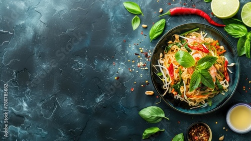 Delectable Pad Thai Noodles with Fresh Vegetables and Shrimp on a Moody Dark Background with Ample Copy Space