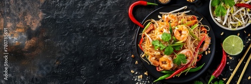 Delectable Pad Thai Noodles with Shrimp and Vibrant Vegetables Served on a Rustic Dark Background