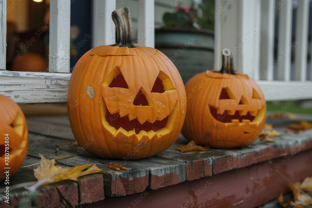 Obraz premium Spooky lineup of jack-o'-lanterns with carved pumpkins porch railing as dusk sets and halloween perfect for the season