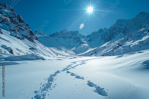 Footprints trail off into the distance on a smooth snowy surface, with rugged mountains under a dazzling sun. photo