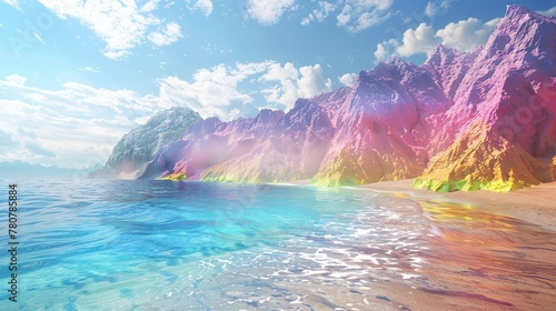 On the beach blowing sea breeze, overlooking the crystal clear sea water, rainbow RGB mountains photo