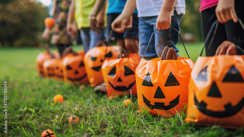 Closeup of children with hands holding pumpkins bags playing trick or treat outdoors. photo