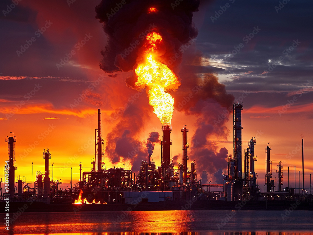 Industrial Chemical Plant Engulfed in Flames at Sunset