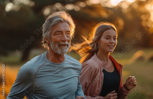 Stylish senior couple jogging in the park, wearing sportswear and smiling while running together outdoors at sunset. The concept of fitness for elderly people. 8k, real created by ai