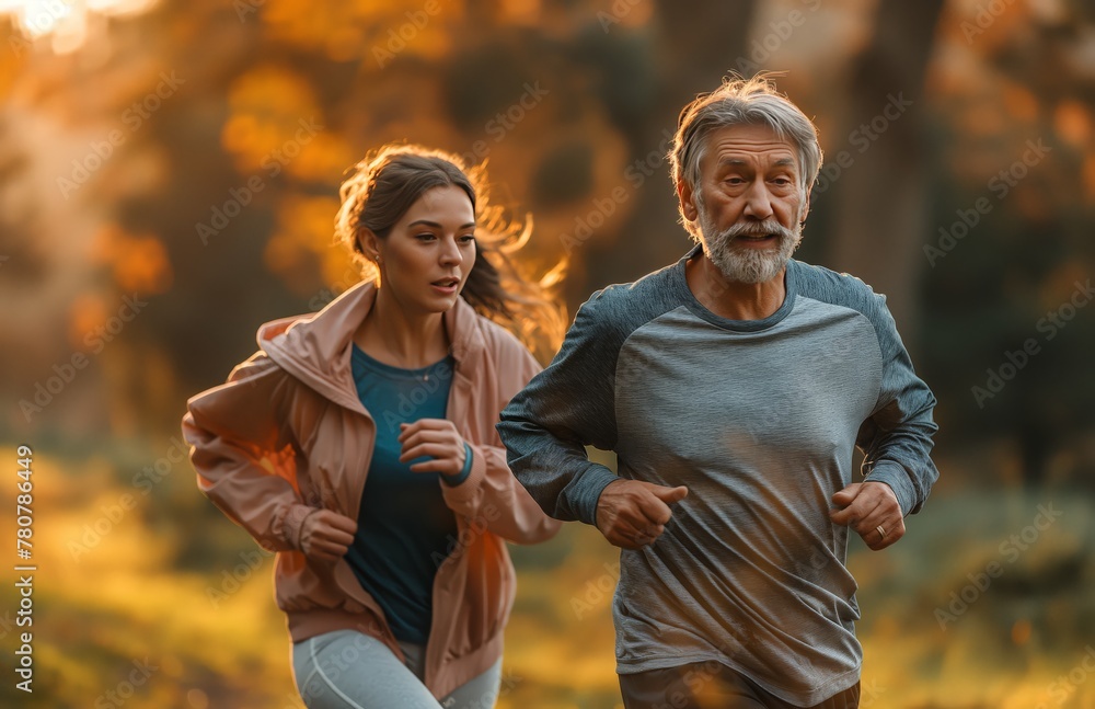 Stylish senior couple jogging in the park, wearing sportswear and smiling while running together outdoors at sunset. The concept of fitness for elderly people. 8k, real created by ai Stylish senior couple jogging in the park, wearing sportswear and smiling while running together outdoors at sunset. The concept of fitness for elderly people. 8k, real created by ai