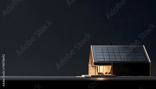 The sun illuminates a solar panel on a black background with space for text.