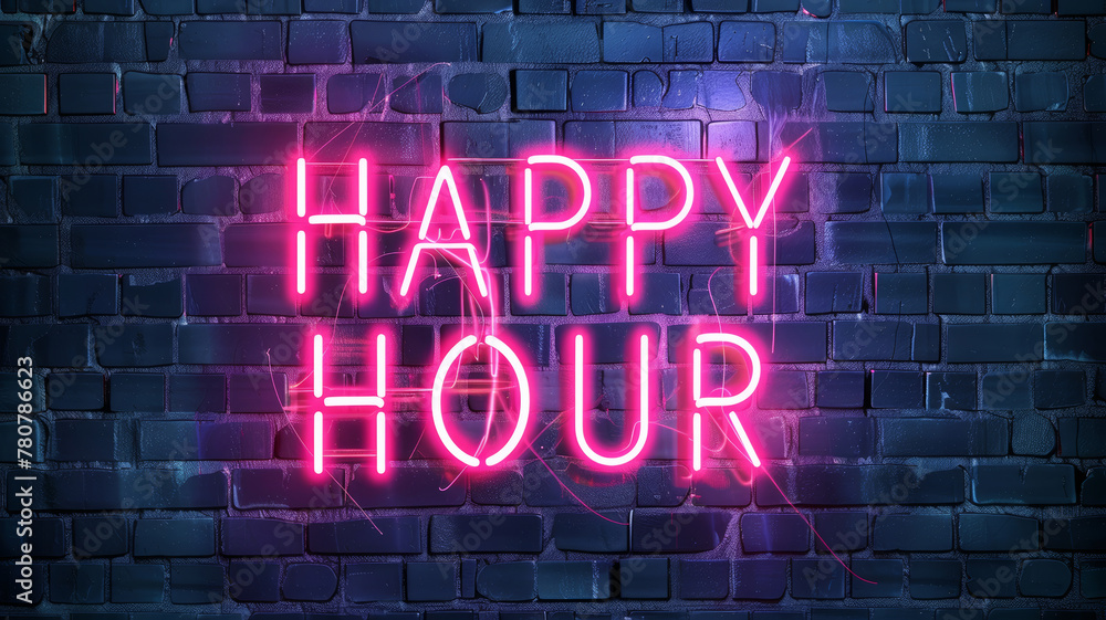 Glowing 'HAPPY HOUR' Neon Sign on Dark Brick Background Glowing 'HAPPY HOUR' Neon Sign on Dark Brick Background