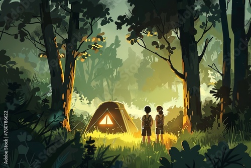Tent camp in the forest, Boy Scouts and Girl Scouts survive in the forest, illustration