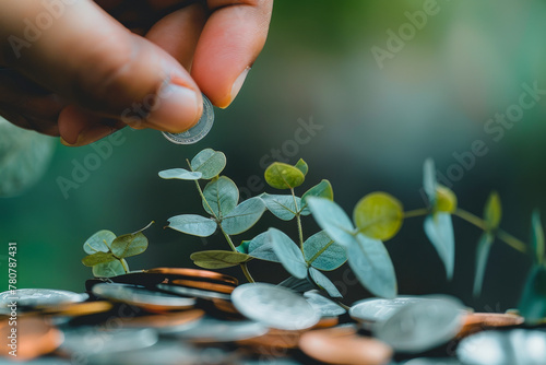 A hand carefully places a coin over a pile of assorted coins with young green plants sprouting, signifying financial growth photo