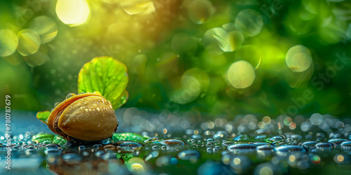 Pistachio with Dew on Lush Backdrop photo