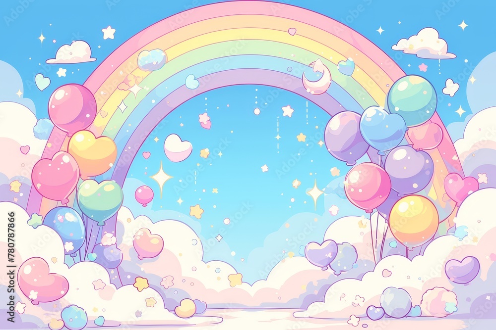 cartoon backdrop with rainbow, clouds and balloons, pastel colors