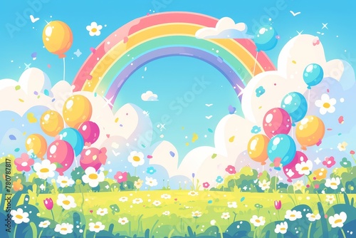 cartoon backdrop with rainbow  clouds and balloons