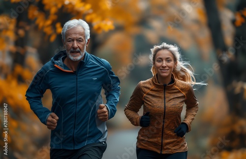 Stylish senior couple jogging in the park  wearing sportswear and smiling while running together outdoors at sunset. The concept of fitness for elderly people. 8k  real created by ai