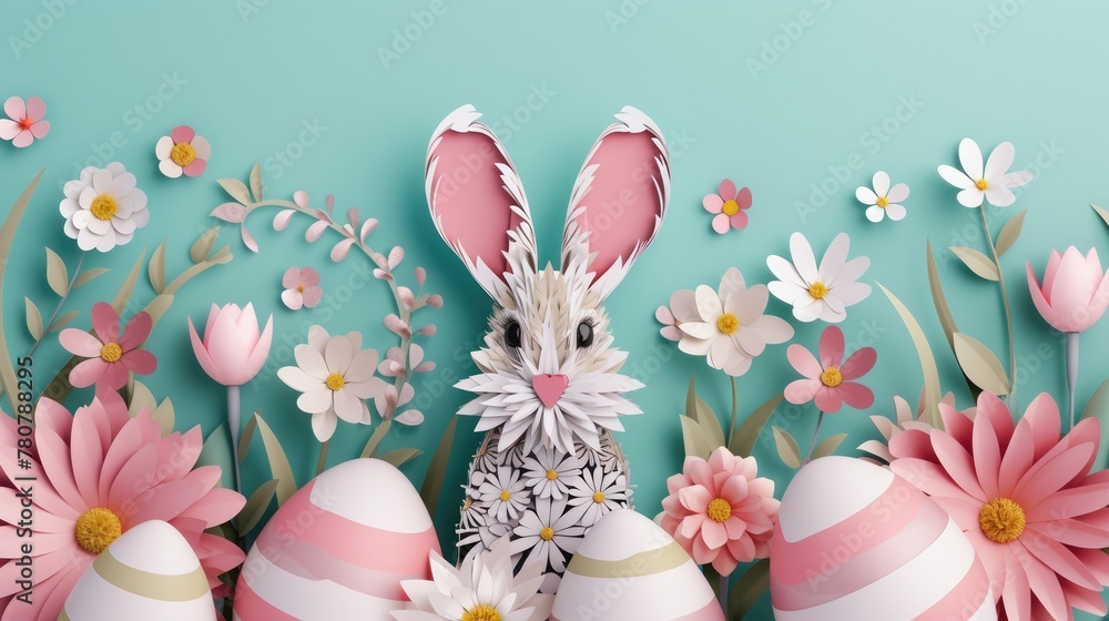 At the creative arts event, there are Easter eggs hidden among the grass and a paper bunny made with intricate art designs. The festive font and flower decorations make everyone happy AIG42E
