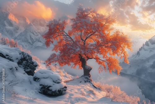 Un árbol solitario arde con el fuego del otoño contra el frío abrazo del invierno, una impresionante fusión de calor y frío en la galería de la naturaleza.