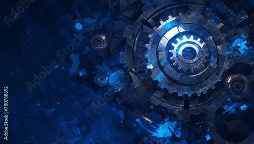 Digital gears and circuit board background with a blue glow, symbolizing technology and industry innovation. 