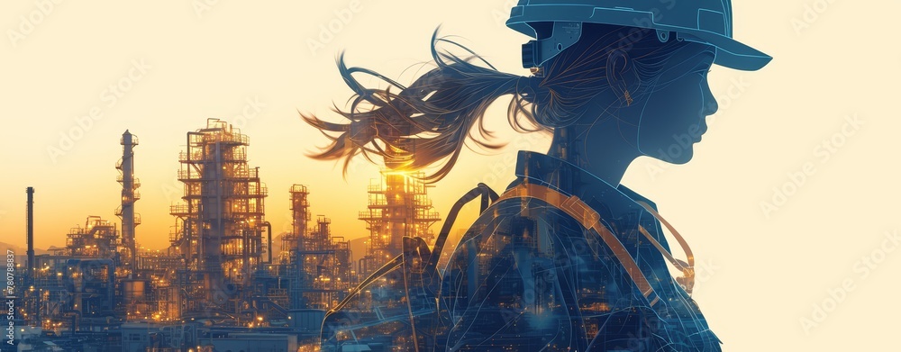 Double exposure of an engineer wearing a helmet and an industrial plant silhouette, side view on a white background - obrazy, fototapety, plakaty 