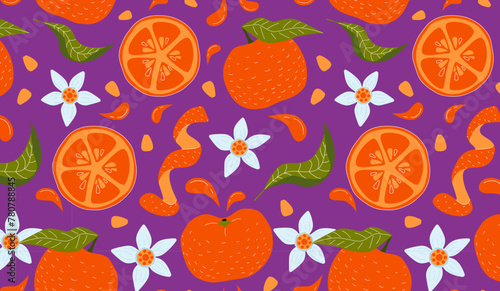 Orange, leaves, flowers, seeds and orange peel seamless pattern on violett background. Tangerine exotic citrus wallpaper for printing or packaging.