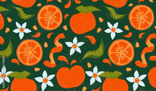 Orange, leaves, flowers, seeds and orange peel seamless pattern on green background. Tangerine exotic citrus wallpaper for printing or packaging.