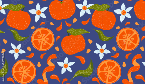 Orange, leaves, flowers, seeds and orange peel seamless pattern on blue background. Tangerine exotic citrus wallpaper for printing or packaging.