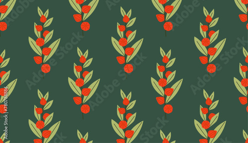 Ashwagandha or winter cherry branch on dark green background. Medicinal plant for sleep and relaxation. Natural remedy and food spice. Floral seamless pattern.