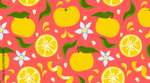 Yuzu fruits, leaves, flowers, seeds and yuzu peel seamless pattern o red background. Juice exotic citrus plant graphics for printing or packaging.
