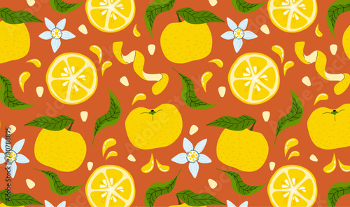 Yuzu fruits, leaves, flowers, seeds and yuzu peel seamless pattern o brown background. Juice exotic citrus plant graphics for printing or packaging.