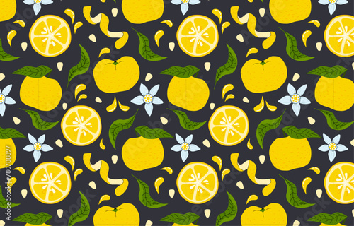 Yuzu fruits, leaves, flowers, seeds and yuzu peel seamless pattern o dark blue background. Juice exotic citrus plant graphics for printing or packaging.