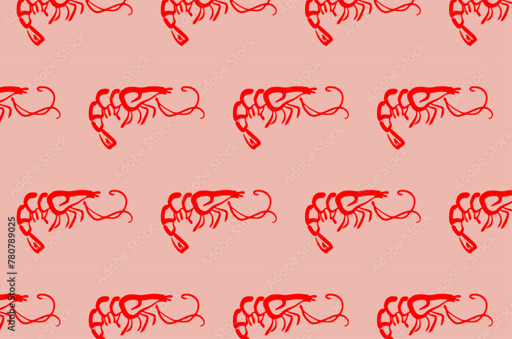 Shrimp hand drawn seamless pattern on red background. Design for seafood restaurant logo, menu illustration. Marine life and cuisine concept. Shrimp hand drawn seamless pattern on red background. Design for seafood restaurant logo, menu illustration. Marine life and cuisine concept.