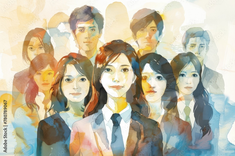 Diverse Business Professionals in a Watercolor Graphic Design