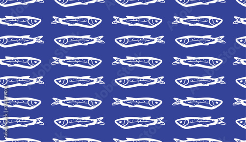 Anchovies hand drawn seamless pattern on blue background. Anchovies fish wallpaper. Design for culinary branding, maritime artwork.