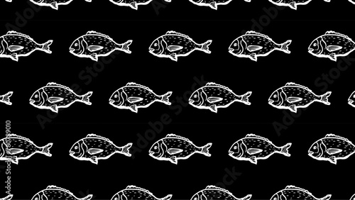 Dorado hand drawn seamless pattern on black background. Sea bream fish vector wallpaper. Design for culinary branding, maritime artwork.