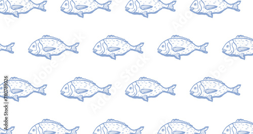 Dorado hand drawn seamless pattern on white background. Sea bream fish vector wallpaper. Design for culinary branding, maritime artwork.