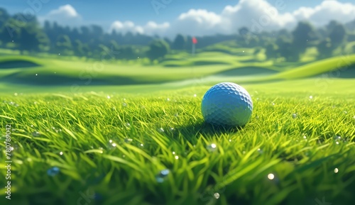 Golf ball and club on a green grass background with copy space