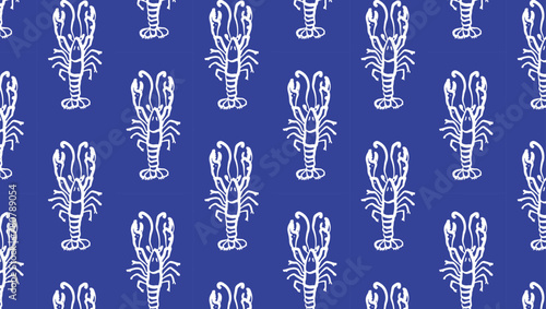 Symmetrical lobster pattern on blue background. Nautical theme textile design. Design for beach house decor, coastal themed apparel, and marine accessories.